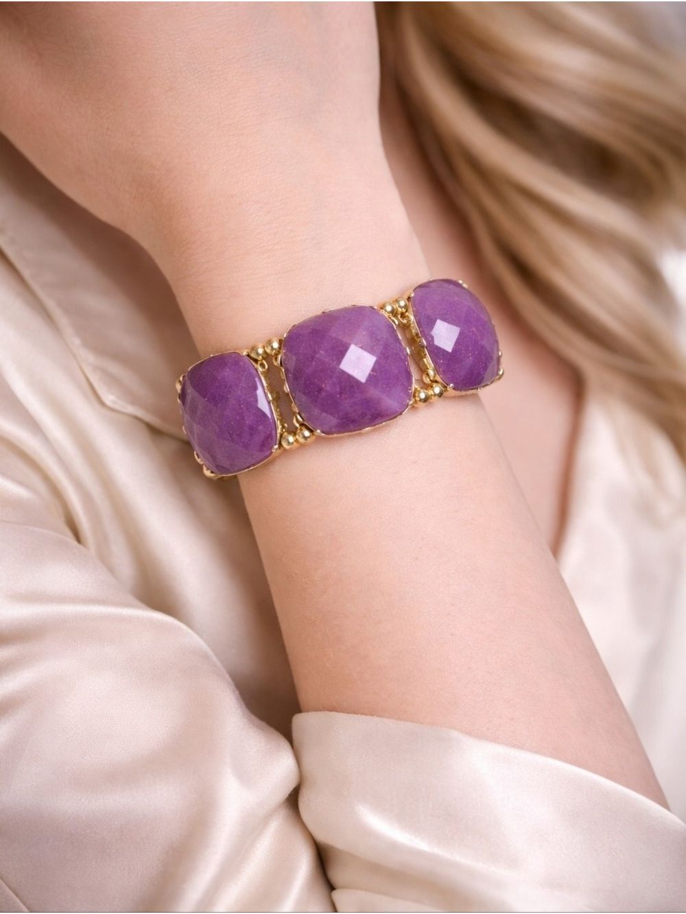 𝅺VINTAGE 80s Iridescent Glitter Chunky Purple Stone Stretch Bracelet